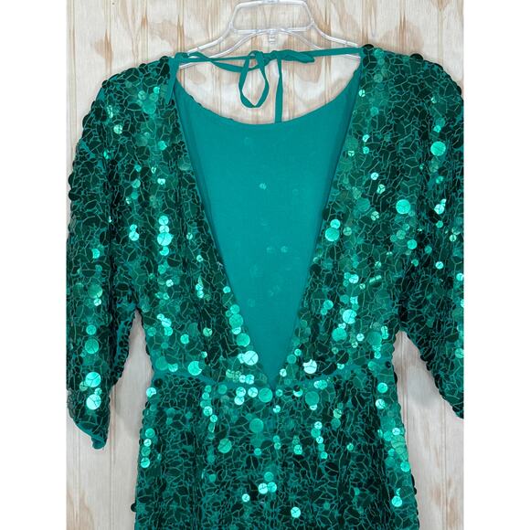 ASOS Emerald Green Sequin Dolman Sleeve Mini Dress NWT Size 4 Tie Back Open Back - Picture 3 of 9